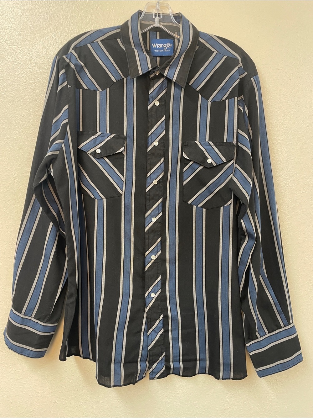 Vntg ML Wrangler Black Blue Striped Western Cowboy Long sleeve Pearl Snap Shirt